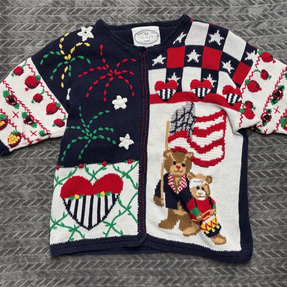 Eagle's Eye Vintage Knit Sweater Small Navy Blue Americana Teddy Bear (1988)